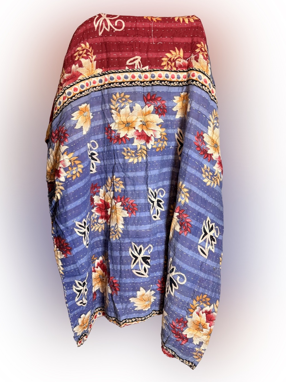 Floral Kantha Cotton Quilted Bedspread in Blue and Red - Classic Floral Design